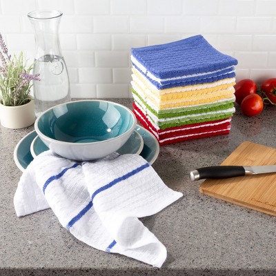 Kitchen Dish Cloth-Set of 16- 12.5x12.5"-100% Cotton Wash Cloths- Waffle Weave in 4 Colors of Striped & Solids-Dishcloths by Hastings Home