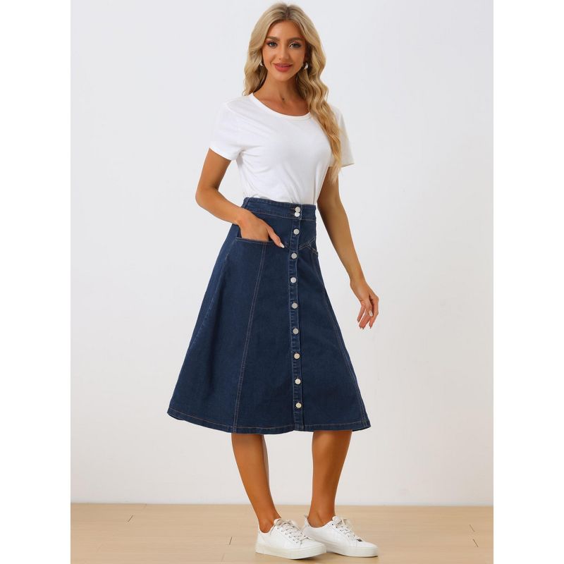 Allegra K Womens' Stretchy High Waist Buttons Front Flowy Midi A-Line Skirts with Pocket, 3 of 6