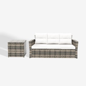 WestinTrends 2-Piece PE Rattan Wicker Outdoor Sofa with Cushions Side Table Set - 1 of 4