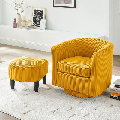 KTMBDW Swivel Accent Chair, 360° Rotating Round Barrel Armchair with Corduroy Upholstery for Living Room, Bedroom, Reading Nook, Footstool