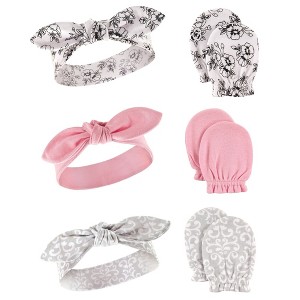Hudson Baby Infant Girls Cotton Headband and Scratch Mitten 6pc Set, Toile, 0-6 Months - 1 of 1
