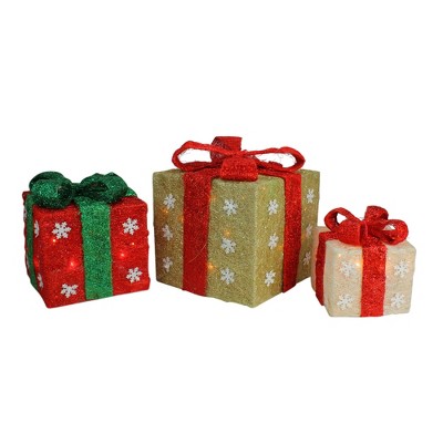 Northlight Set of 3 Lighted Gold, Green & Cream Sisal Gift Boxes Christmas Outdoor Decorations