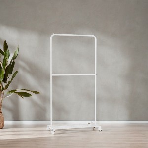 Double-Rod Freestanding Clothes Rack with Wheels Garment Rack with Dense Mesh Storage Shelf 110 lb Load Capacity for Hanging Clothes - 1 of 4