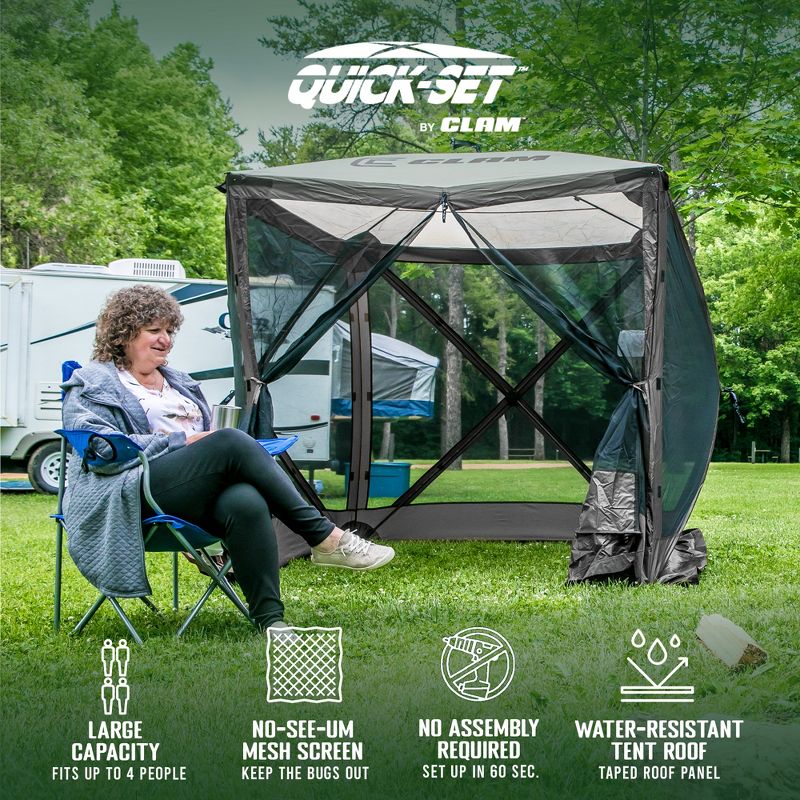 CLAM Quick-Set Pavilion Portable Pop-Up Outdoor Camping Gazebo Screen Tent Sided Canopy Shelter with Ground Stakes & Carry Bag, 4 of 11