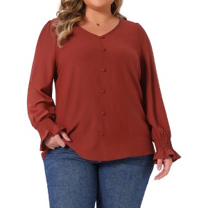 Women's Plus Size Smocked Long Sleeve Chiffon Button Decor V Neck Solid Casual Blouse - Agnes Orinda - 1 of 4