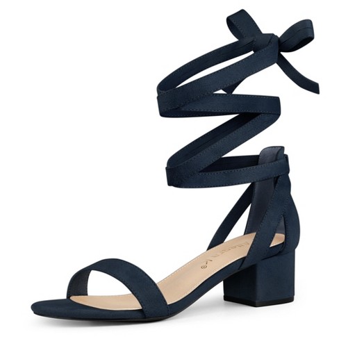 Allegra K Women s Open Toe Block Heel Lace Up Sandals Navy Blue 6.5