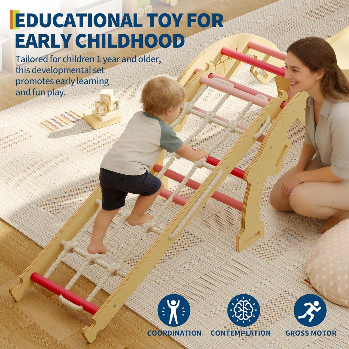 Wooden Climbing Triangle Set for Toddlers. 8-in-1 Foldable Play Gym with Slide. Arch & Rope Ladder. Indoor Jungle Gym for Kids 1+ Years - thumbnail 4