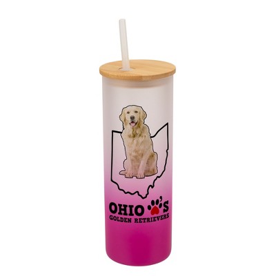 Elanze Designs The Buckeye State Ohio Loves Golden Retrievers Pink and White Ombre Frosted Glass Travel Tumbler with Straw and Wooden Lid, 25 Ounce