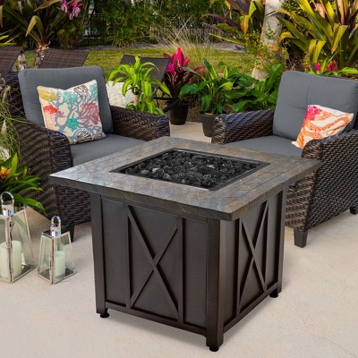 30-Inch Black Steel Propane Fire Pit Table with Fire Glass