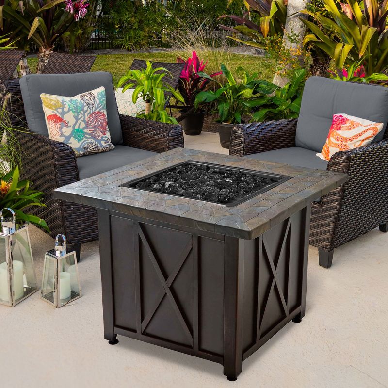 Endless Summer 30 Inch Square 30,000 BTU Liquid Propane Gas Outdoor Fire Pit Table w/ Push Button Ignition, Black Fire Glass, & Steel Fire Bowl, Black, 5 of 7