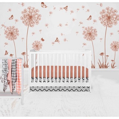 Bacati - Ikat Chevron Coral Grey Girls 6 pc Crib Set with 4 Muslin Swaddle Blankets