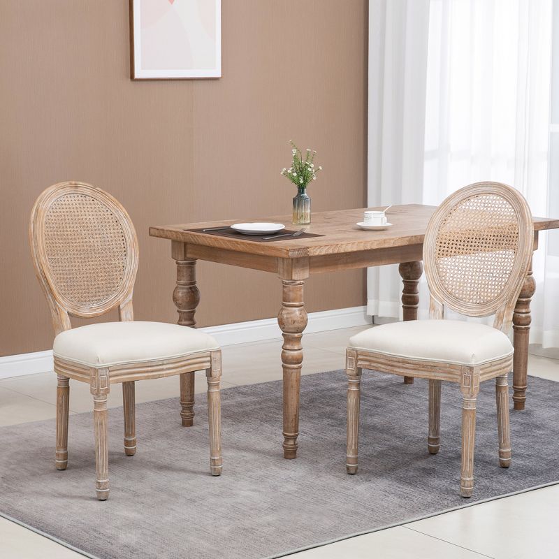 HOMCOM French-Style Upholstered Dining Chair Set, Armless Accent Side Chairs with Rattan Backrest and Linen-Touch Upholstery, Set of 3, Cream White, 3 of 7
