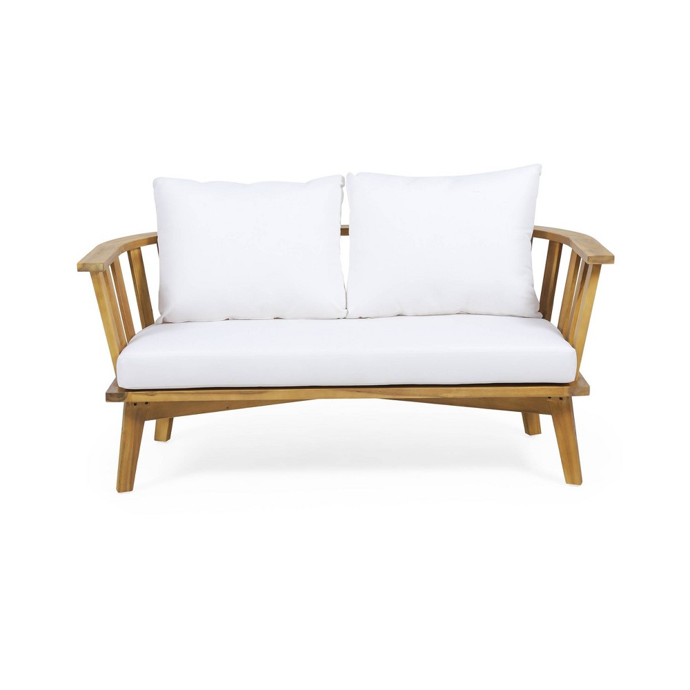 Solano Outdoor Wooden Loveseat with Cushions White Teak Christopher Knight Home