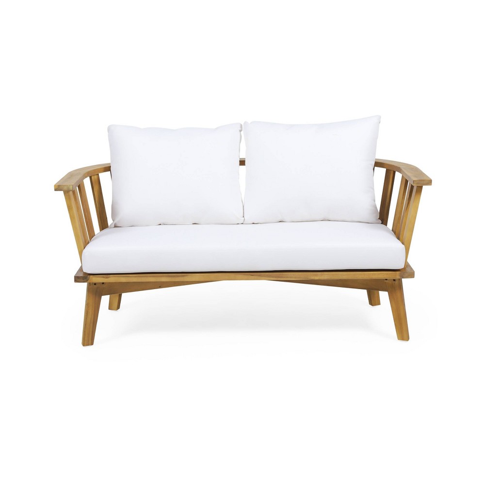 Photos - Garden Furniture Solano Outdoor Wooden Loveseat with Cushions - White/Teak - Christopher Kn