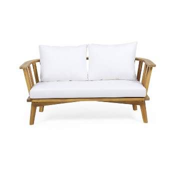 Solano Outdoor Wooden Loveseat with Cushions - White/Teak - Christopher Knight Home
