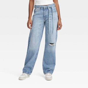 Women's Mid-Rise Tie-Waist Drawstring Baggy Jeans - Universal Thread™ - 1 of 4