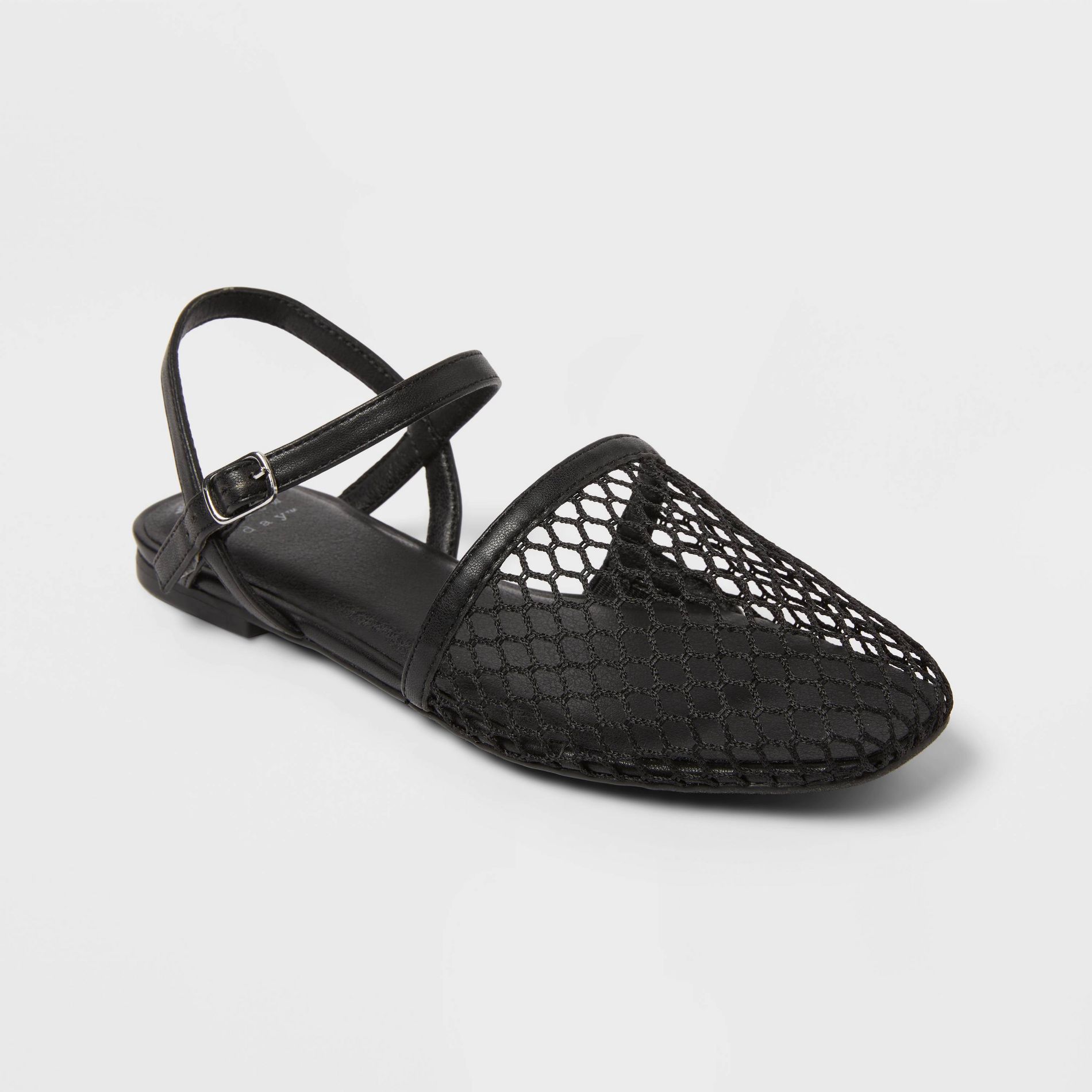 Women's Vanna Fishnet Slingback Flats with Memory Foam Insole - A New Day™ Black 6: Mesh Almond Toe, Buckle Closure