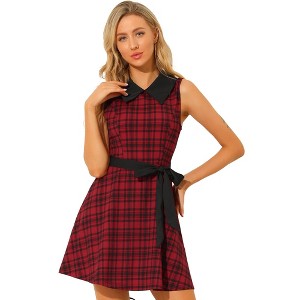 INSPIRE CHIC Women's A-line Belted Vintage Sleeveless Plaid Dress - 1 of 4