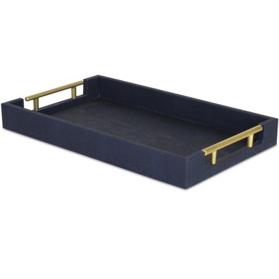 HomeRoots 16" Navy Blue Wood Faux Shagreen Serving Tray With Handles