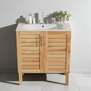 30" Vintage Bathroom Vanity with Ceramic Sink, Soft-Close Doors, Adjustable Shelf, Slatted Design - 1 of 4