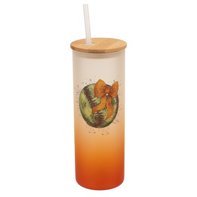 Elanze Designs 25 Ounce Frosted Glass Gradient Travel Tumbler With Straw and Wooden Lid, Softball With Orange Bow Orange