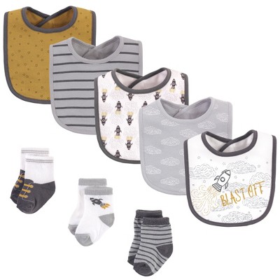 Hudson Baby Infant Boy Cotton Bib and Sock Set 8pk, Blast Off, One Size