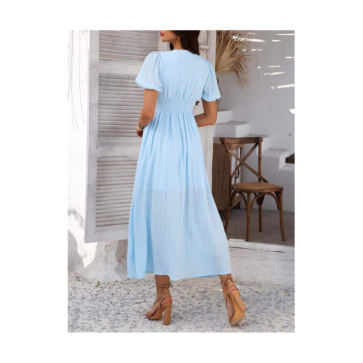Garvee Women's V Neck Short Sleeve Midi Dress Ruched High Waist Button Front Smocked Back Lantern Sleeve Flowy A-Line Sun Dresses - thumbnail 2