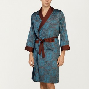 Anna-Kaci Men's Paisley Print Satin Robe with Contrast Trim Shawl Collar and Waist Tie - 1 of 4