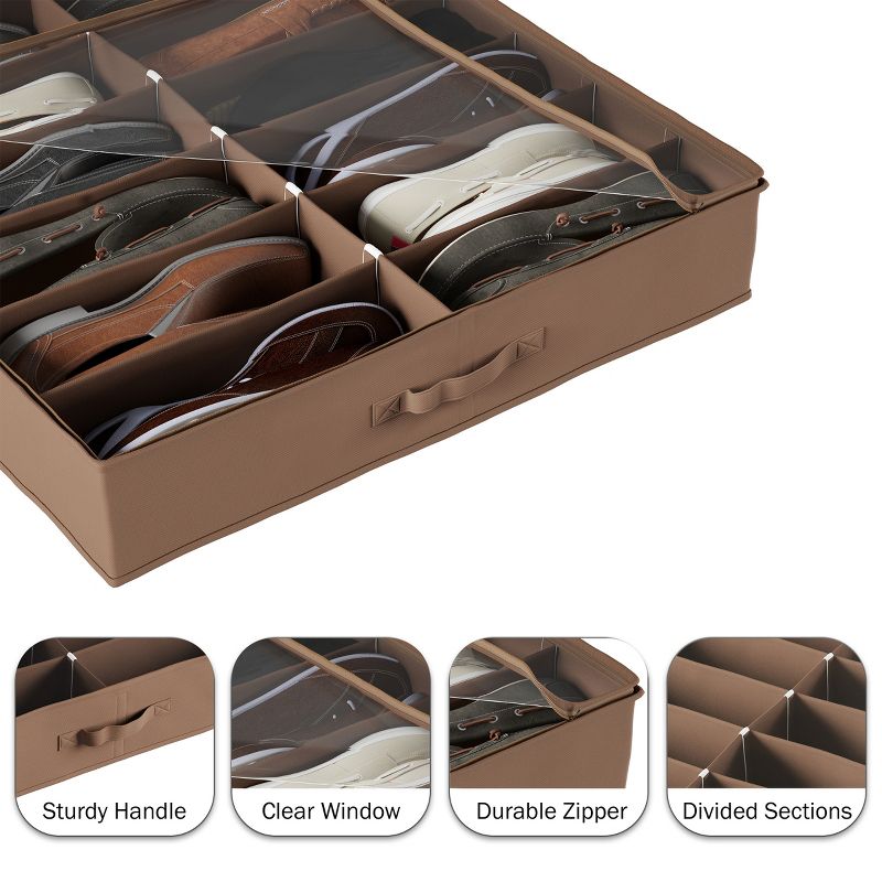 Hastings Home Under-Bed Shoe Storage Organizer With Clear Plastic Zippered Cover - Brown, 3 of 7