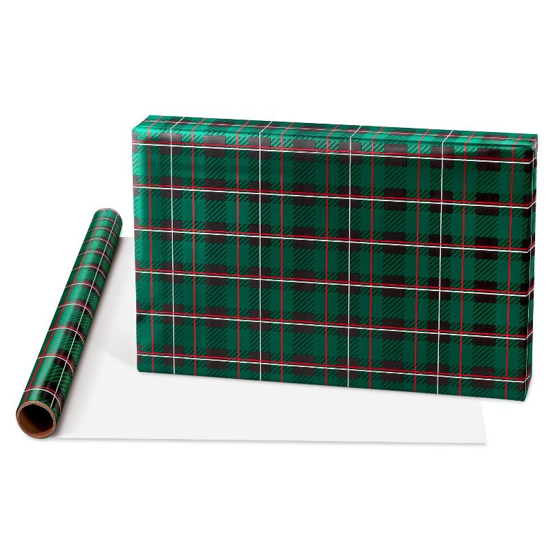 20 sq ft Green Tartan Plaid Foil Christmas Wrapping Paper, 4 of 9