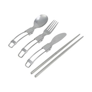 Unique Bargains Flatware Sets Dishwasher Safe Foldable Spoon Fork Knife Chopsticks 4-Piece Set Black Pouch Silver Tone 4.72"x3.54"x2.36" 1 Set - 1 of 4