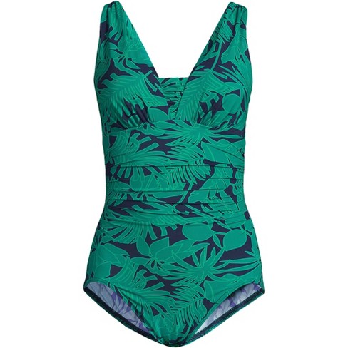 Lands' End Women's Plus Size SlenderSuit Grecian Tummy Control Chlorine  Resistant One Piece Swimsuit - 16W - Navy/Emerald Palm Foliage