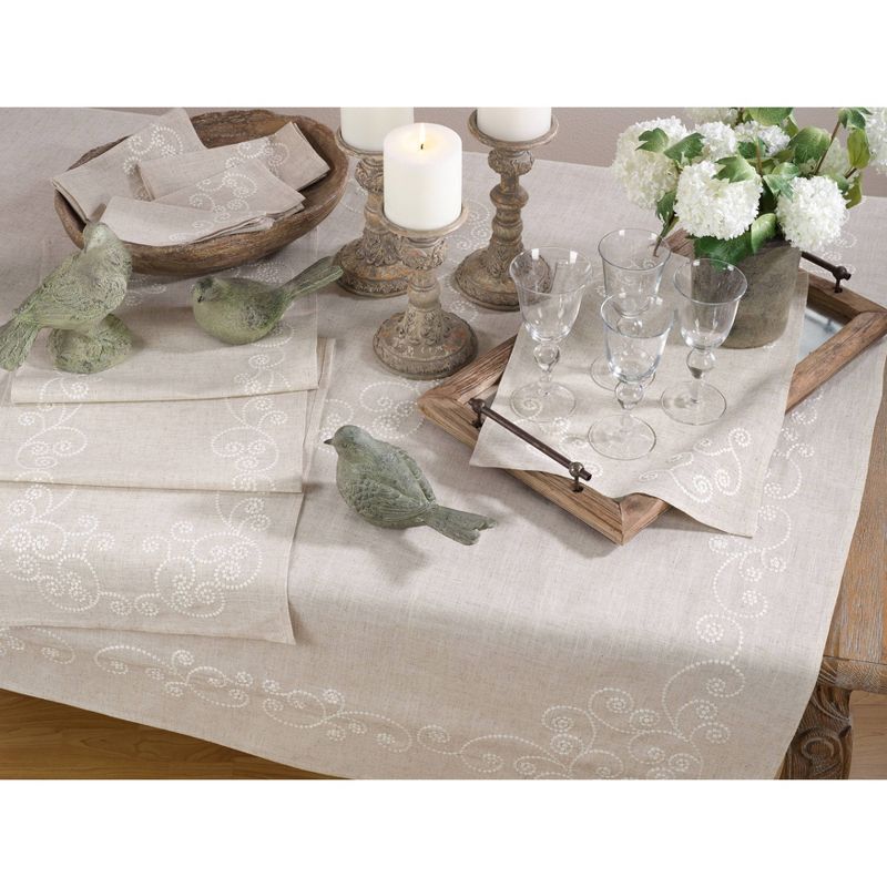 Embroidered Swirl Design Simple Natural Linen Blend Tablecloth - Saro Lifestyle, 4 of 5