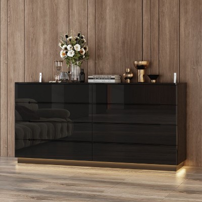 FUFU&GAGA High Gloss Dresser With Light Chest 8 Drawers and Tabletop