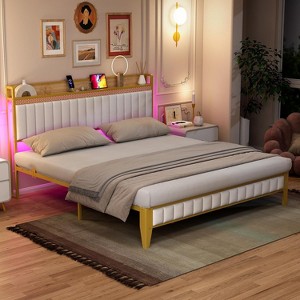King Size White Bed Frame with RGB LED Lights and Charging Station, Upholstered Platform Bed with Storage Headboard, No Box Spring Needed - 1 of 4