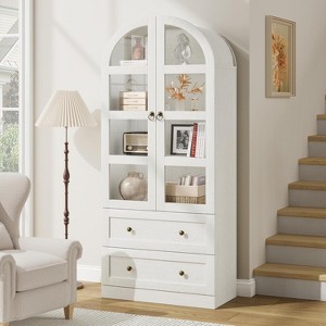 71" Armed Bookcase Cabinet - Wood Storage w/ Doors & Drawers, Farmhouse Display Case for Office & Living Room - 1 of 4