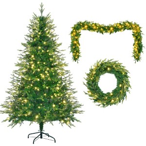 NAYSAYE 6FT Artificial Christmas Tree with Garland and Wreath Full PE Branches for Holiday Home Office Decor, Green, 44.9"*44.9"*72" - 1 of 4