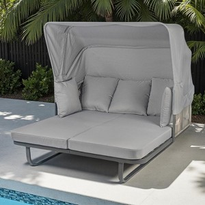 57" Outdoor Patio Rattan Daybed Sunbed with Retractable Canopy and Pillows - 1 of 4