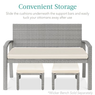 Gray Wicker Patio Ottomans with Cream Cushions, Set of 2