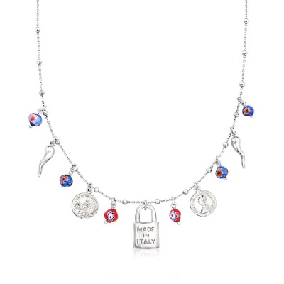 Ross-Simons Sterling Silver Italian-Inspired Charm Necklace With Multicolored Murano Glass Beads. 18 inches