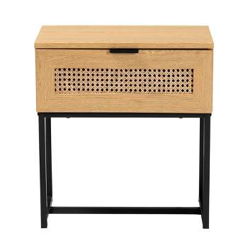 Sawyer Wood and Metal 1 Drawer End Table with Natural Rattan Oak Brown/Black - Baxton Studio