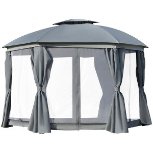 Outsunny 12' x 12' Round Outdoor Gazebo, Patio Dome Gazebo Canopy Shelter with Double Roof, Netting Sidewalls and Curtains, Zippered Doors - 1 of 4