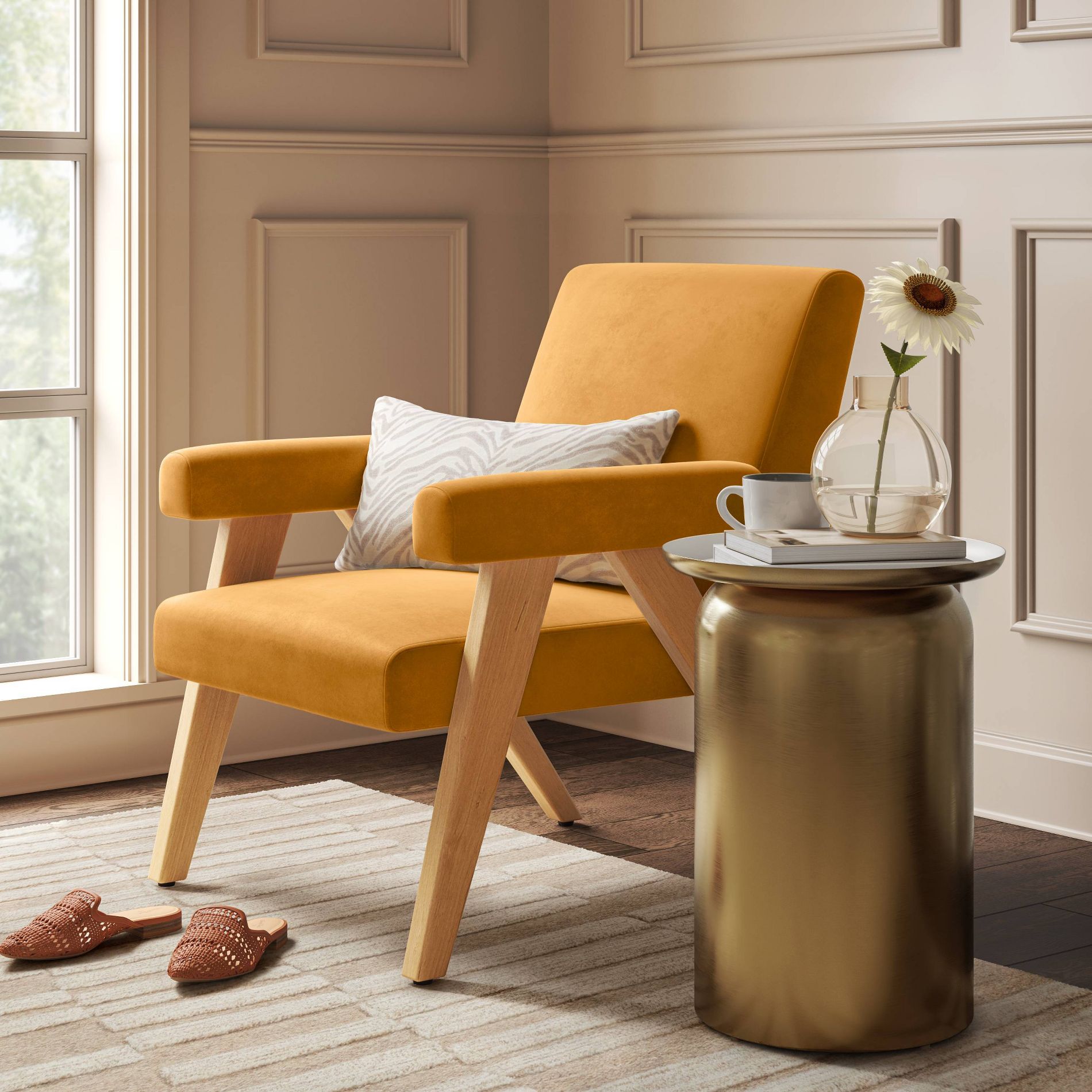Textured Woven Upholstered Arm Accent Chair Light Brown Velvet - Threshold™: Rubberwood Frame, Polyester Fabric