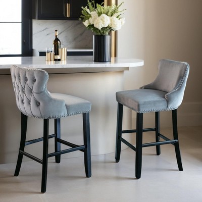Counter Height Bar Stools Set of 2, 27" Velvet Bar Stools with Button Back and Nailhead Trim, Upholstered Bar Stool with Wooden Legs - Leovsnove