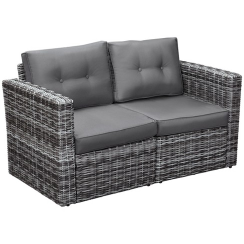 Outsunny 2 Piece Patio Wicker Corner Sofa Set, Outdoor PE Rattan Furniture,  with Curved Armrests and Padded Cushions for Balcony, Gray