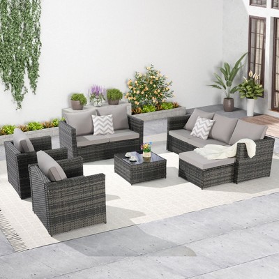 Chic Crate-6-Piece Wicker/Rattan Patio Sectional – Outdoor Sofa w/ Glass Table & Cushions | Weatherproof Garden Backyard