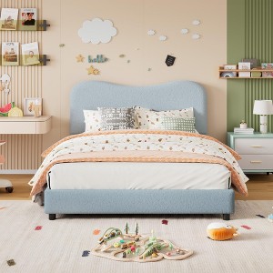 Homhougo Twin Bed Frame for Kids with Velvet Upholstered Headboard, Cute Low Profile Platform Bed for Girls and Boys Blue - 1 of 4