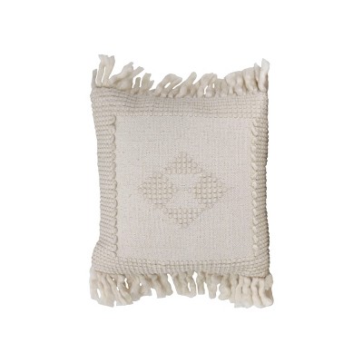 White Hand Woven 18x18" Cotton and Acrylic Decorative Throw Pillow with Hand Tied Fringe - Foreside Home & Garden