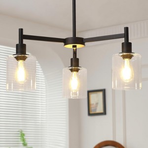 Matte Black 3-Light Farmhouse Chandelier with Clear Cylinder Glass Shades Adjustable Height for Dining Room Kitchen Island Living Room - 1 of 4