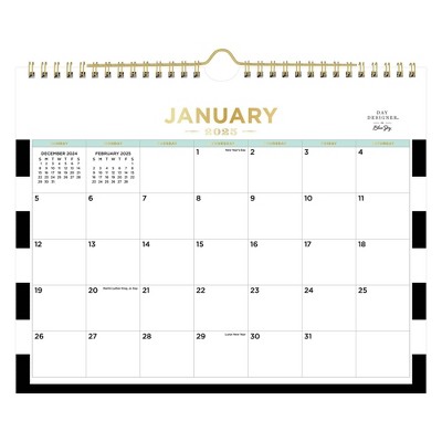 Day Designer 2025 Wall Calendar 8.86"x11.02" Rugby Stripe: Monthly Planner, Wire Binding, Adult Audience, Black & White